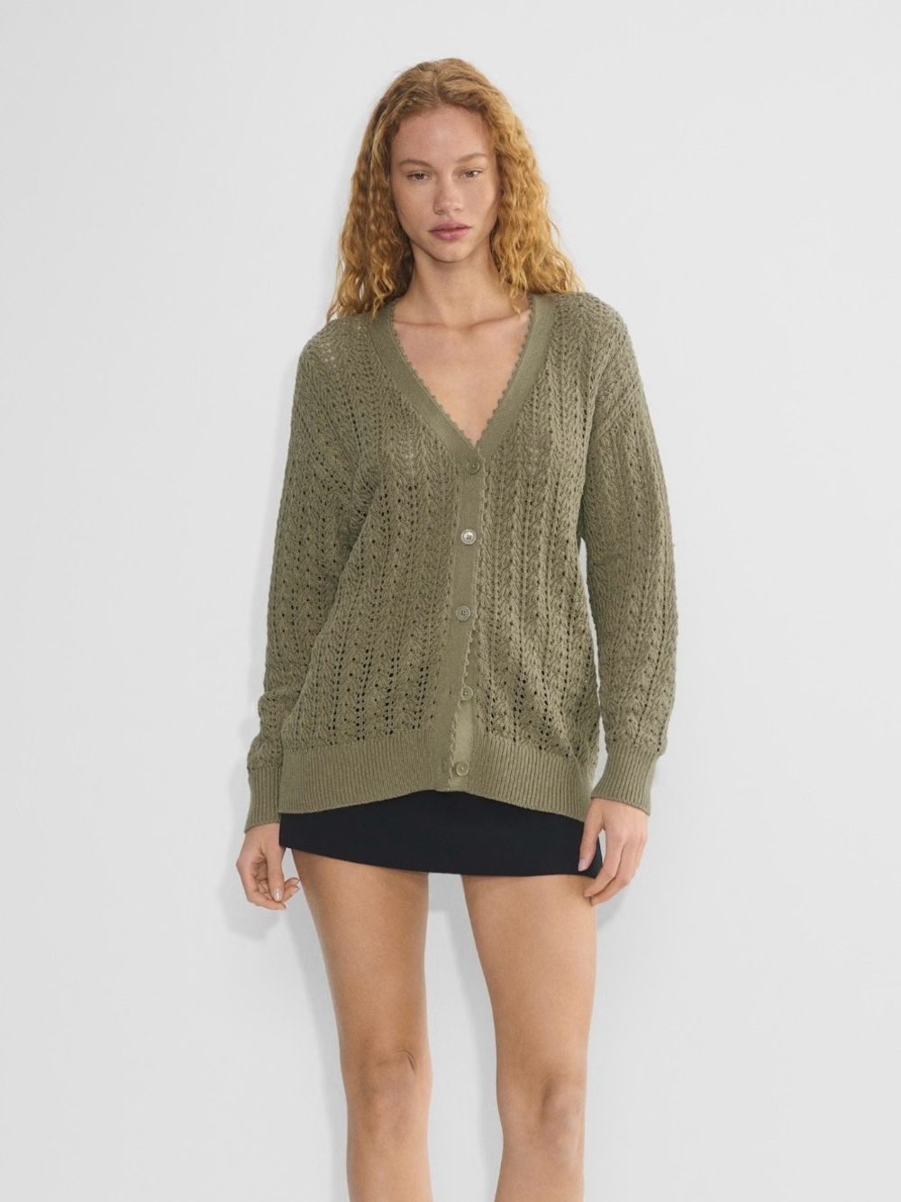 Aritzia Olive Openwork V-Neck Buttoned Cardigan